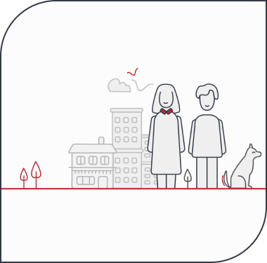 Grafische Darstellung Gebäude, daneben Frau, Mann und Hund